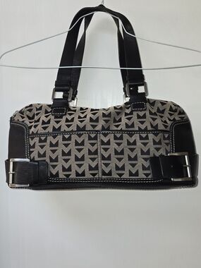 Michael Kors Black & Cream Logo Jacquard Satchel | Leather Trim | Buckle Detail
